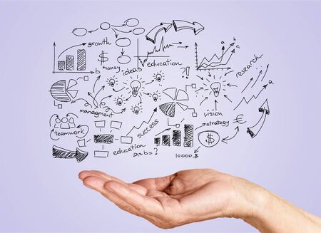 bring business marketing information in your hand . modern exclusive management chart infographic display on over in manager male open palm on white backgroundの写真素材