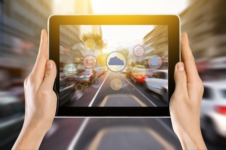 Data Management Platform (DMP) , Marketing and crm concept. Hand holding smart phone , infographic , texts and icons on retail shopping store city shop background.の写真素材