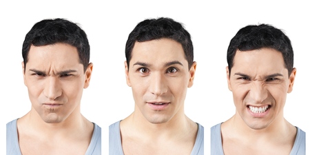 Set of handsome emotional man isolated over gray backgroundの写真素材