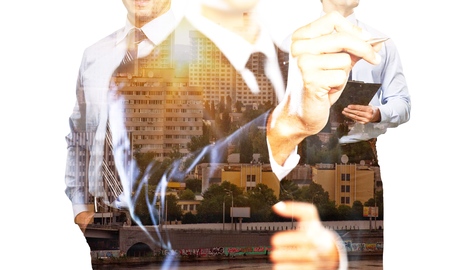 Businesspeople on abstract city with arrows background. They are thinking about financial growth. Double exposureの写真素材