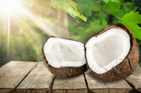 Coconut on yellow colored background, minimal flat lay style