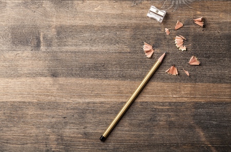 Pencil with sharpening shavings on white backgroundの写真素材