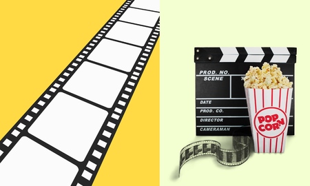 Filmmaker profession. Clapperboard on yellow background top view copyspaceの写真素材