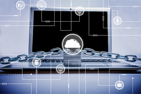 White cloud illustration and protect laptopの写真素材