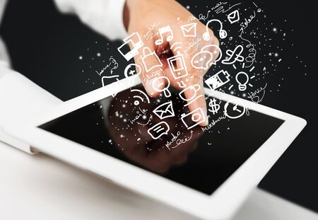 Female hands touching tablet with white cloud concept