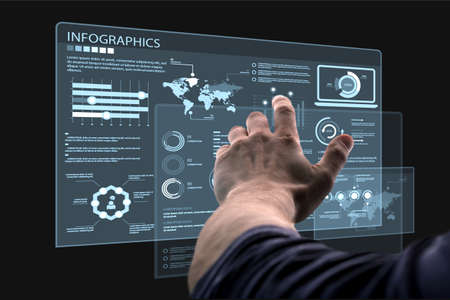 Back view of businessman working with virtual panel