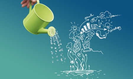 Top view Investment is like planting trees. Take care it will provide a good growth on colorful backgound.Watering can and money tree drawn concept for business investment, savings and making money.の写真素材