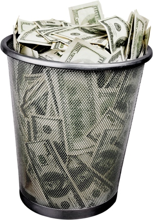 money in a garbage binの写真素材