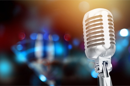 Vintage metal microphone on a standの写真素材