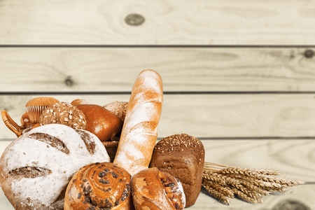 Homemade breads on wooden deskの写真素材