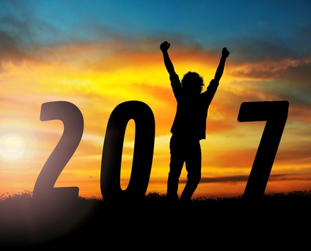 Silhouette young man Happy for 2017 new yearの写真素材