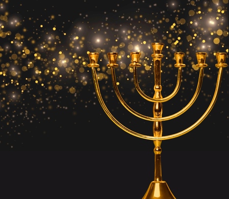 Low key Image of jewish holiday Hanukkah background with menorah (traditional candelabra) and burning candlesの写真素材
