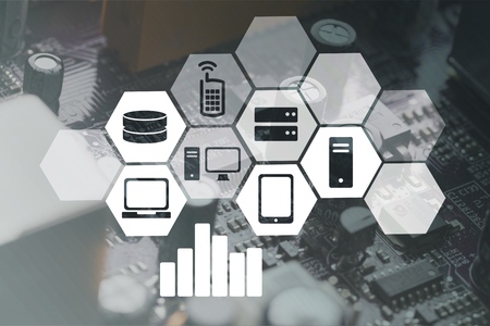 Image of businessman with tablet pc against high-tech backgroundの写真素材