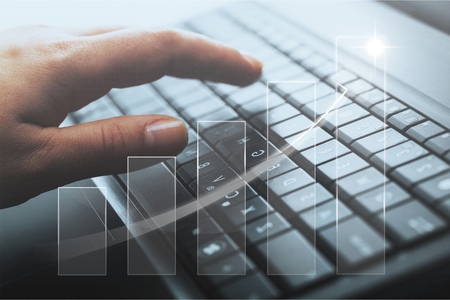 businessman hand drawing virtual chart business on touch screen computerの写真素材