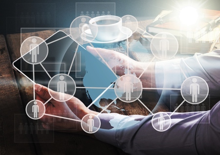 Man using mobile payments online shopping and icon customer network connection on screen, m-banking...