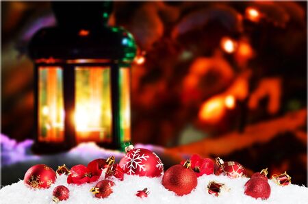 red christmas balls in snowed  winter forestの写真素材