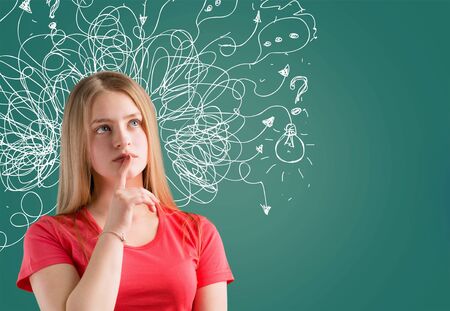 Woman with question marks.