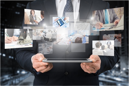 businessman working with new modern computer show social network structureの写真素材