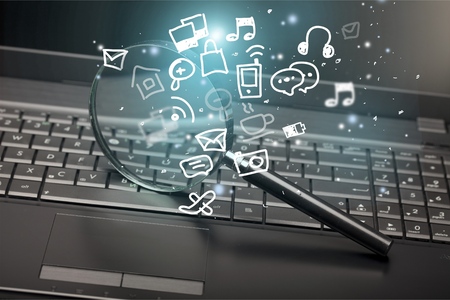 hand touching digital tablet, social media conceptの写真素材