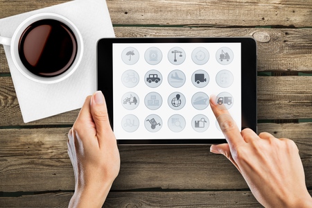 Innovation Start Up Success Growth Concept, hands touch tablet with infographics on the screen,...