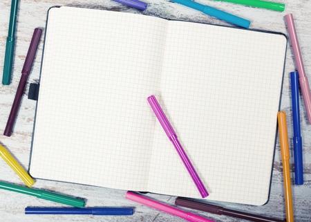 School supplies with blank bookの写真素材