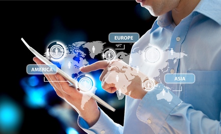 Future technology. Touch button interface. Business woman with virtual interface