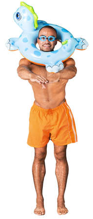 Young man with inflatable ring  isolated on white backgroundの写真素材