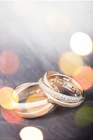 Wedding rings on satinの写真素材