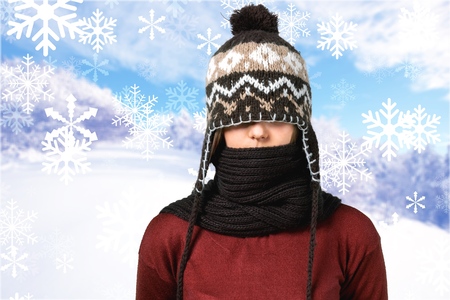 Portrait of Woman Wearing Turtle Neck, Winter Hat and Scarf