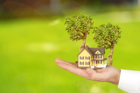 Safe family home model and garden on son daughter children kid guardian mother father hands, blur...