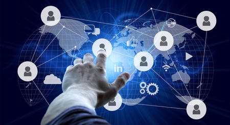 Abstract globe with connected  iconsの写真素材