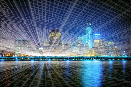 Digital signals flying over highwayの写真素材