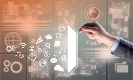 Tablet with infographs and business hand
