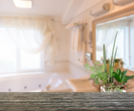 Tabletop for product display with blurred backgroundの写真素材