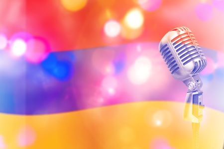 Musical concert.Photo of a microphone in the background of a flag.Flag of Ukraine close up.の写真素材