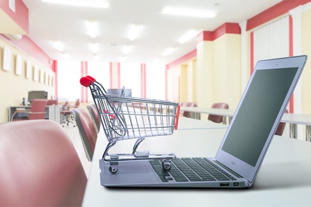 shopping-cart over a laptop isolated on white with reflection