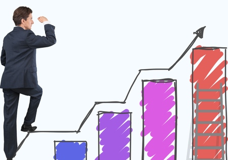 man climbing on ladder, urban business concept