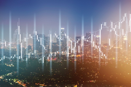Graph chart on city backgroundの写真素材