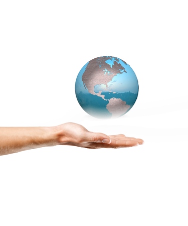 Woman holding earth modelの写真素材