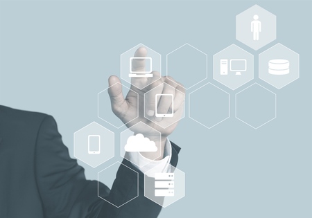 Businessman touching shield protect icon