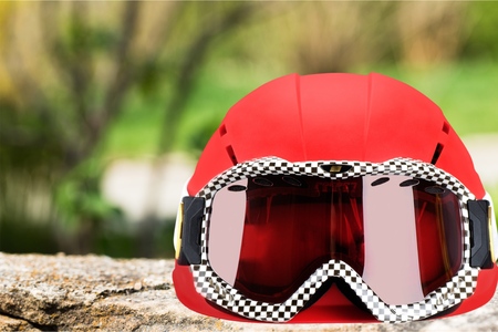 climbing equipment - carabiners, helmet and blue ropeの写真素材