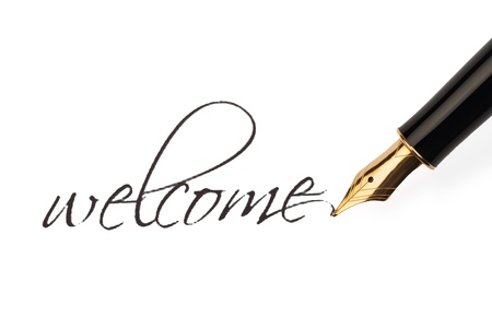 Fountain pen writing the word "Welcome"の写真素材