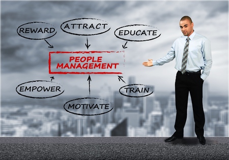 Male hand drawing People Management flow chart on transparent wipe board.の写真素材