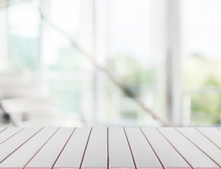 Empty of wood table top on blur roomの写真素材