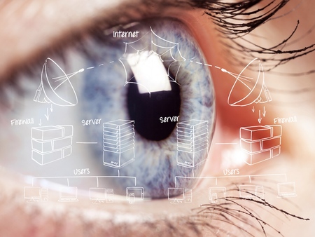 Close-up of womans brown eye. High Technologies in the future