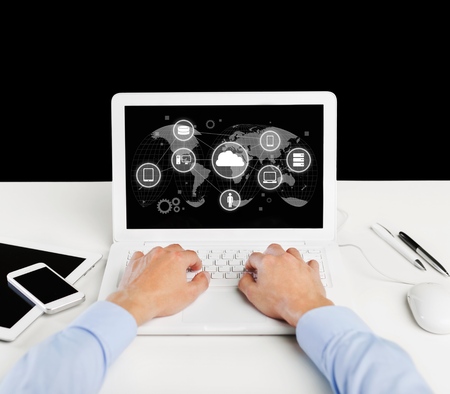 Man hand on desktop keyboard with blank screen monitor