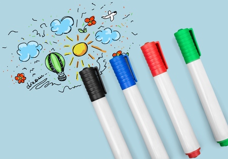 Colorful marker pen set on isolated background with clipping path. Vivid highlighter and blank space for your design or montage.の写真素材