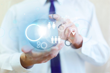 Retro image of businessman holding a creative light bulb icon in his hands conceptual of ideas,...