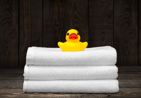Bath: Towels and Rubber Duckの写真素材