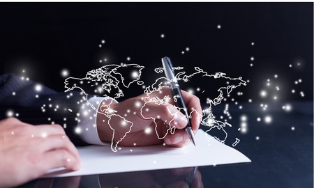 Future technology. Touch button interface. Business woman with virtual interfaceの写真素材